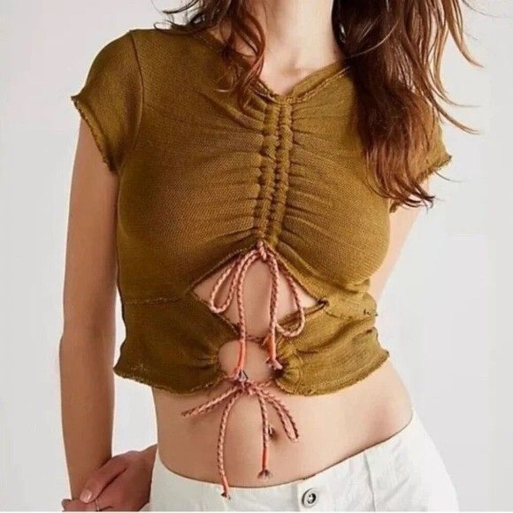 Free People Hot Mesh Tee Cropped Blouse Top Olive Ruched Cutout Cotton XS 272475
